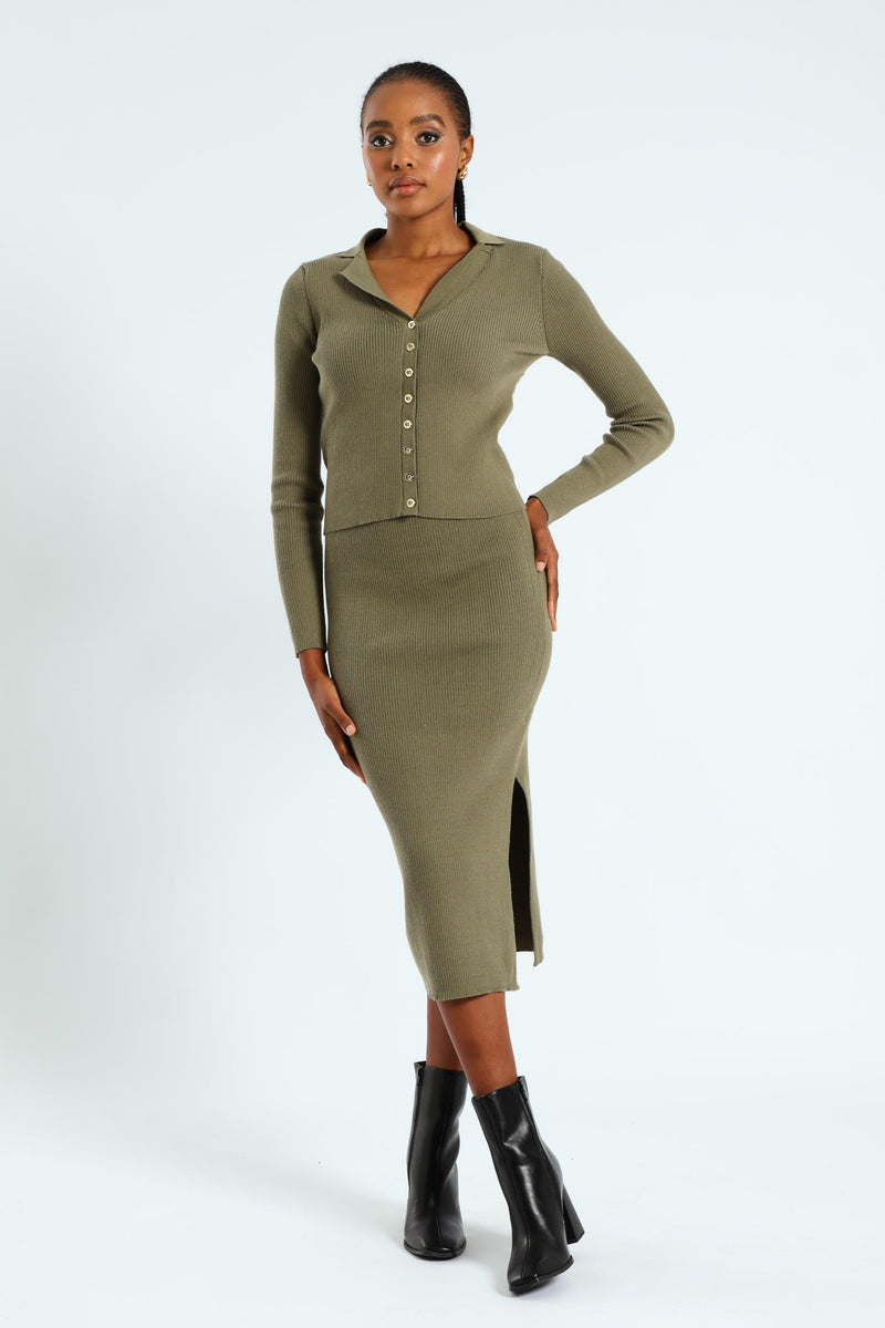 Collared Button Through Knitwear Top - Artichoke Green
