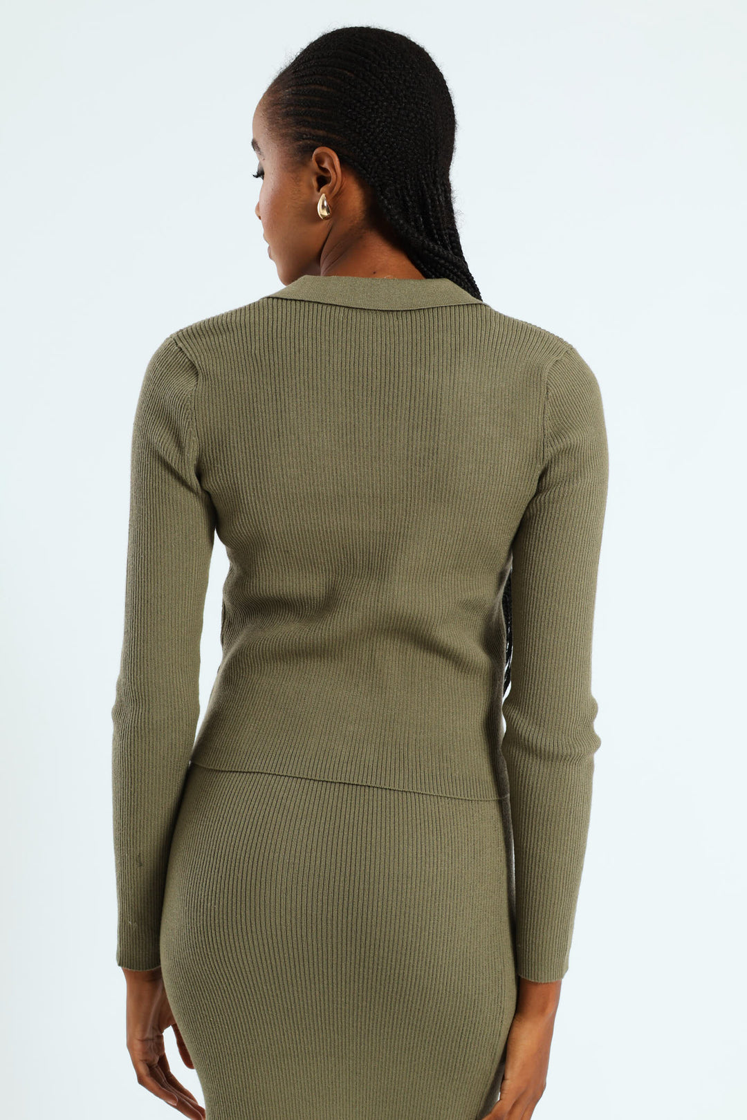 Collared Button Through Knitwear Top - Artichoke Green