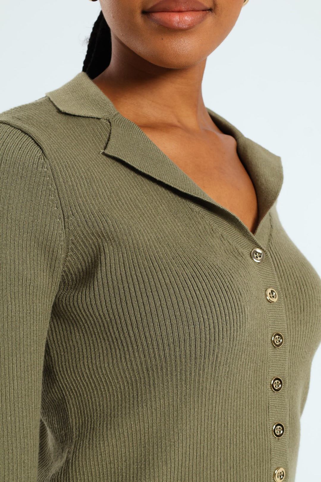 Collared Button Through Knitwear Top - Artichoke Green