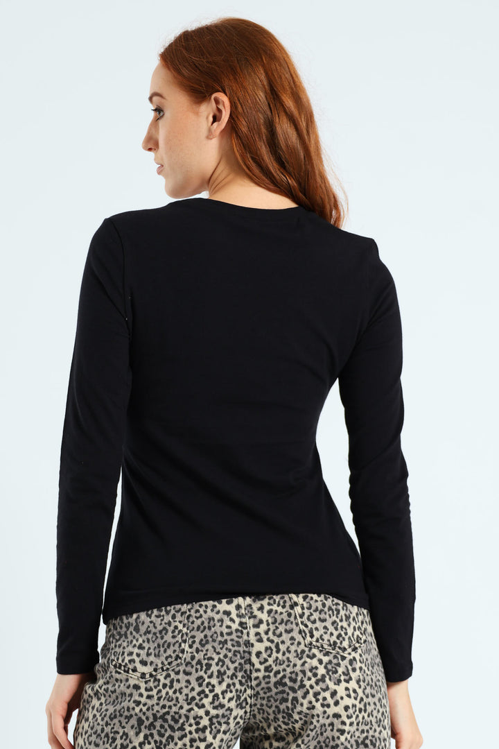 Long Sleeve Cotton Lycra Crew Top - Black