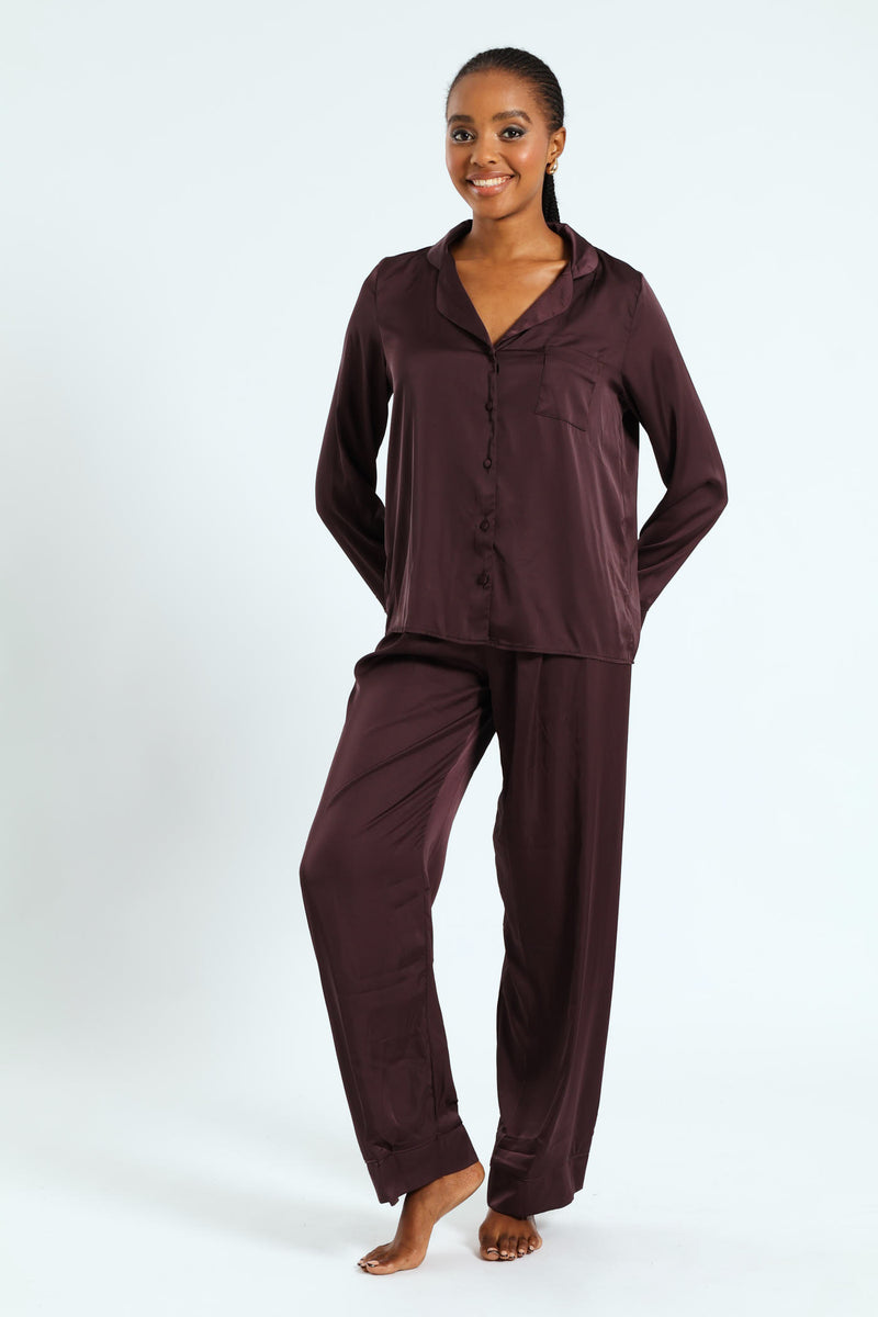 Long Sleeve Button Through Satin Top & Pant Set - Chocolate