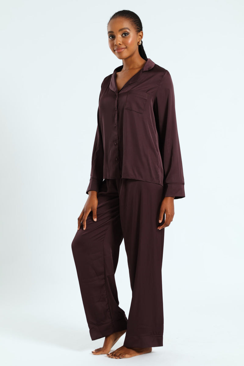 Long Sleeve Button Through Satin Top & Pant Set - Chocolate