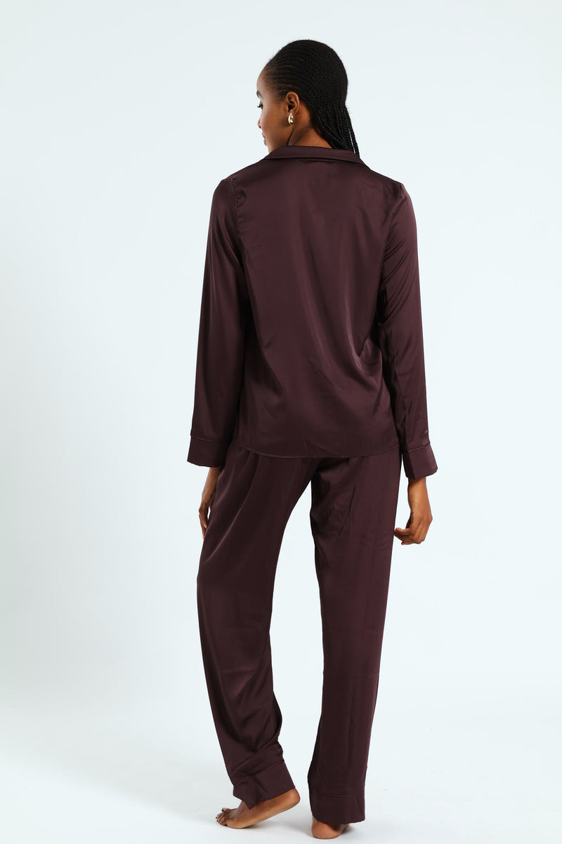 Long Sleeve Button Through Satin Top & Pant Set - Chocolate