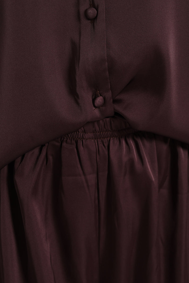 Long Sleeve Button Through Satin Top & Pant Set - Chocolate