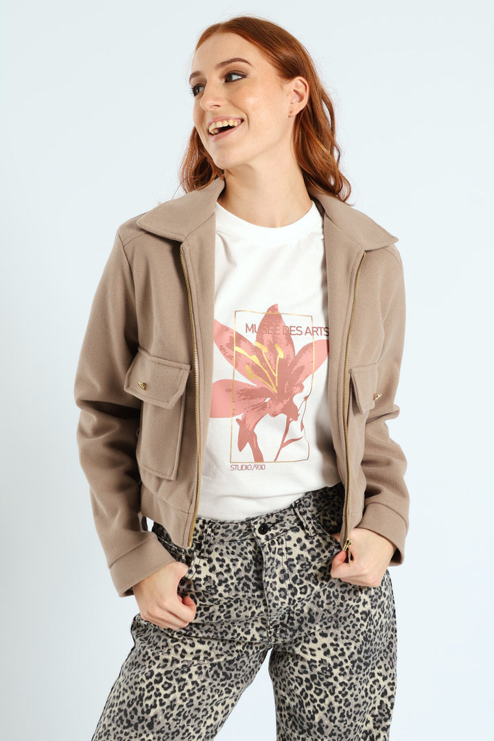 Boxy Melton Zip Up Trucker Jacket - Oatmeal Melange