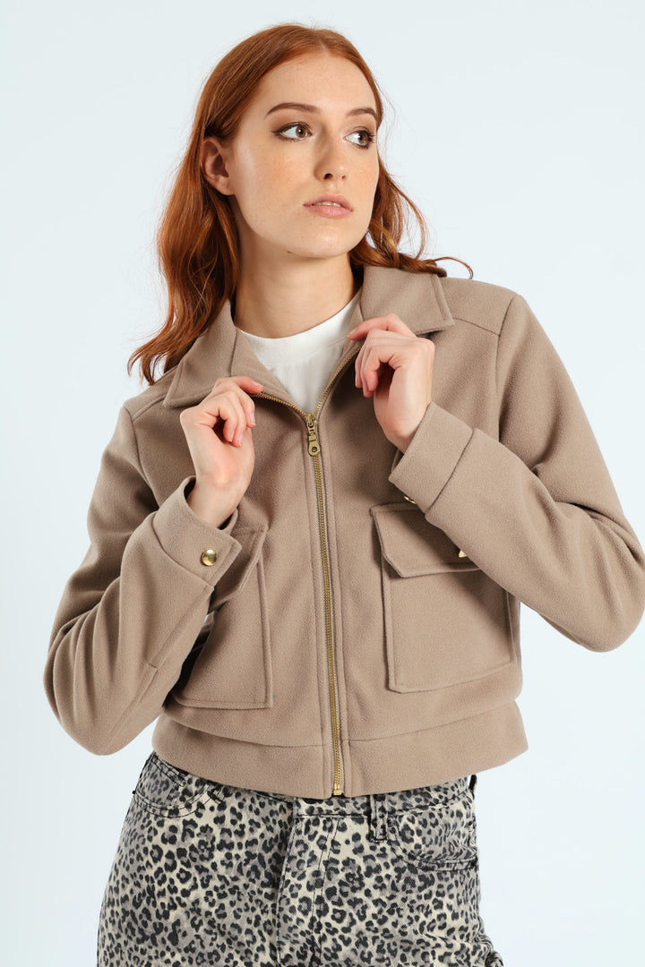 Boxy Melton Zip Up Trucker Jacket - Oatmeal Melange