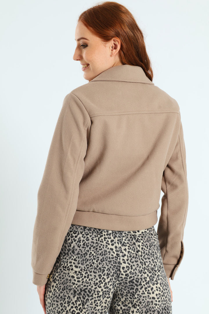 Boxy Melton Zip Up Trucker Jacket - Oatmeal Melange