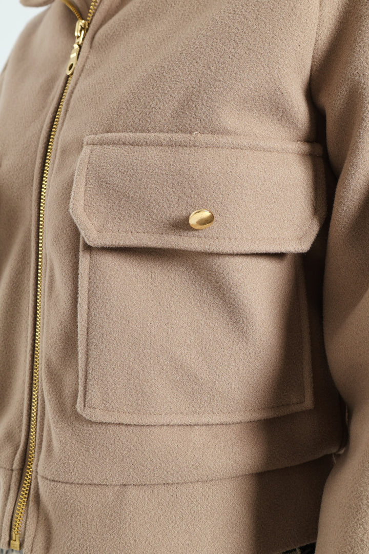 Boxy Melton Zip Up Trucker Jacket - Oatmeal Melange
