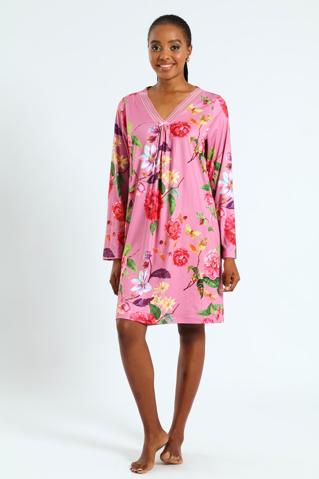 2 Pack Lace Detail Long Sleeve Soft Touch Sleep Shirt - Pink/Burgundy