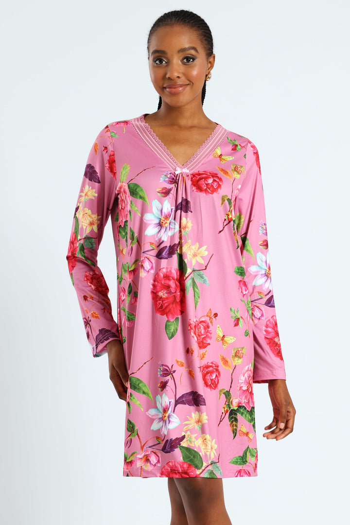 2 Pack Lace Detail Long Sleeve Soft Touch Sleep Shirt - Pink/Burgundy