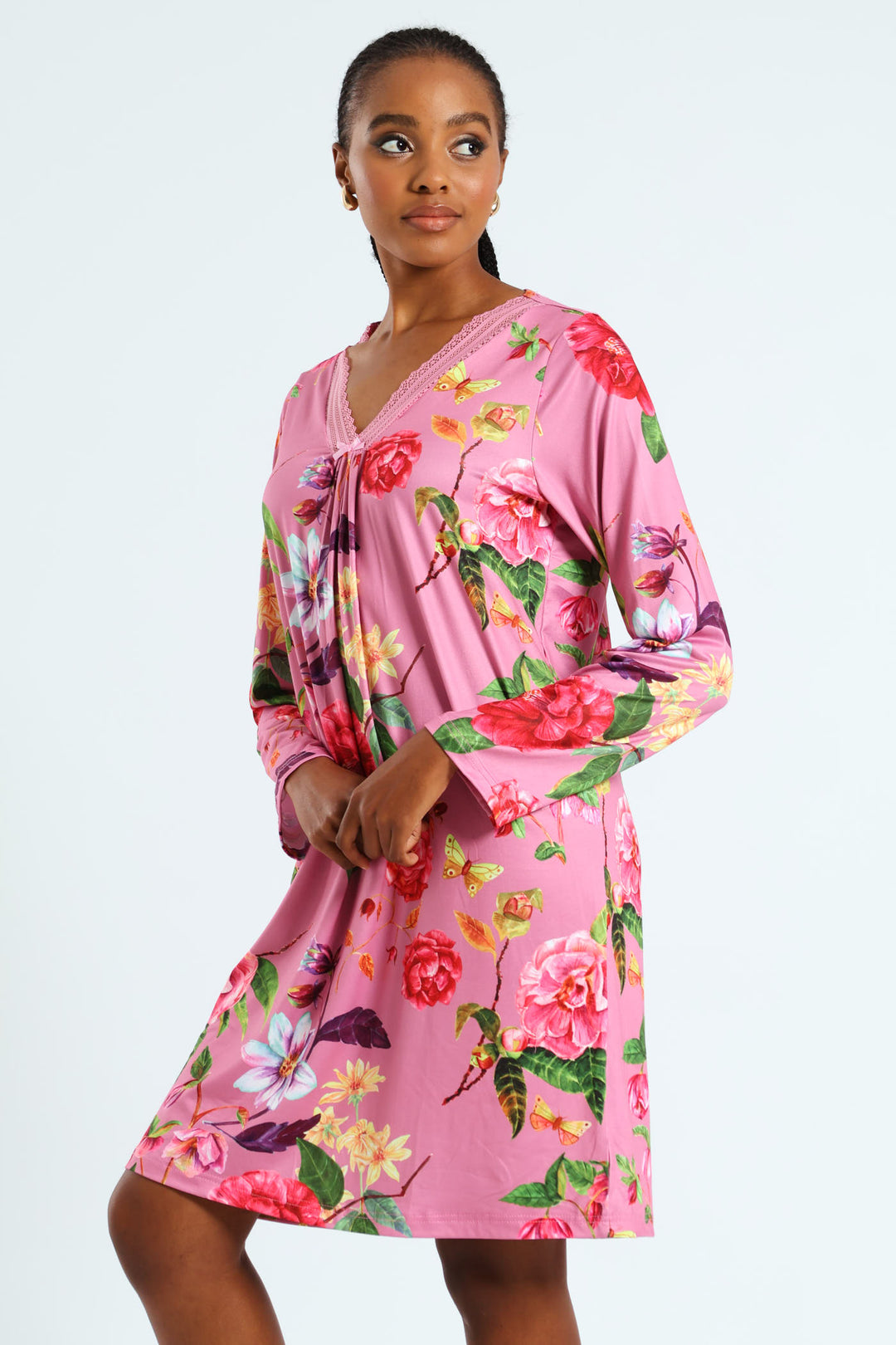 2 Pack Lace Detail Long Sleeve Soft Touch Sleep Shirt - Pink/Burgundy