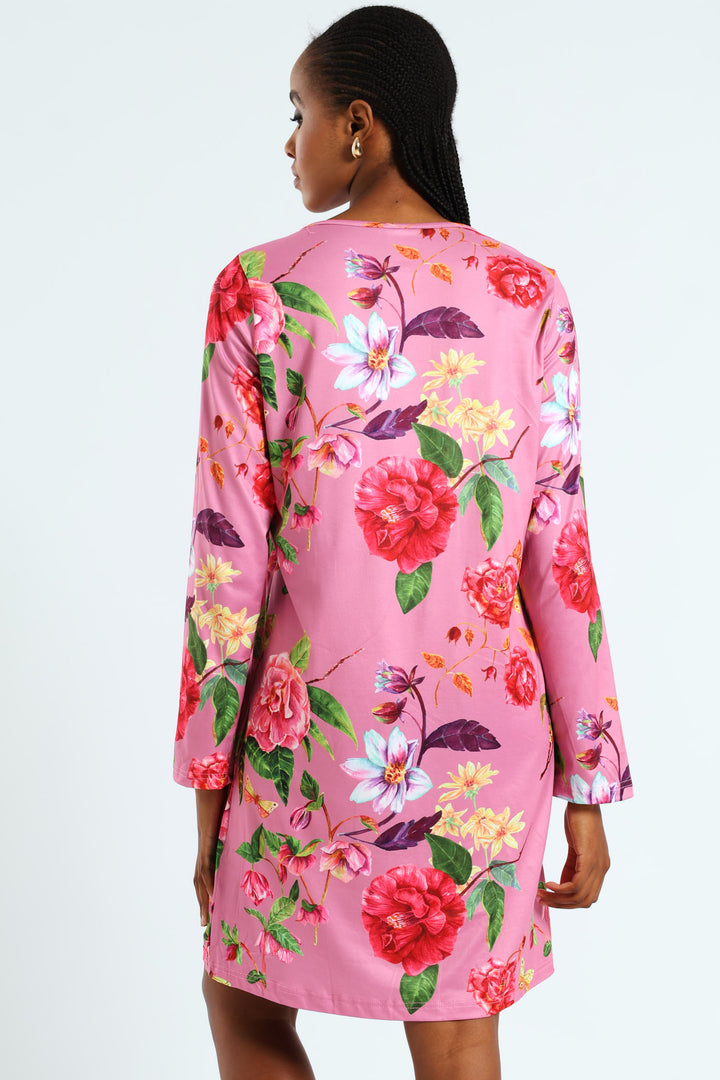 2 Pack Lace Detail Long Sleeve Soft Touch Sleep Shirt - Pink/Burgundy