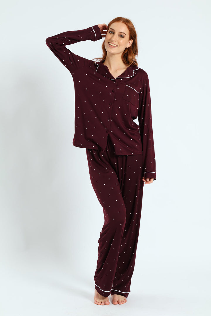 Long Sleeve Button Through & Pant Stars Soft Touch Set - Burgundy