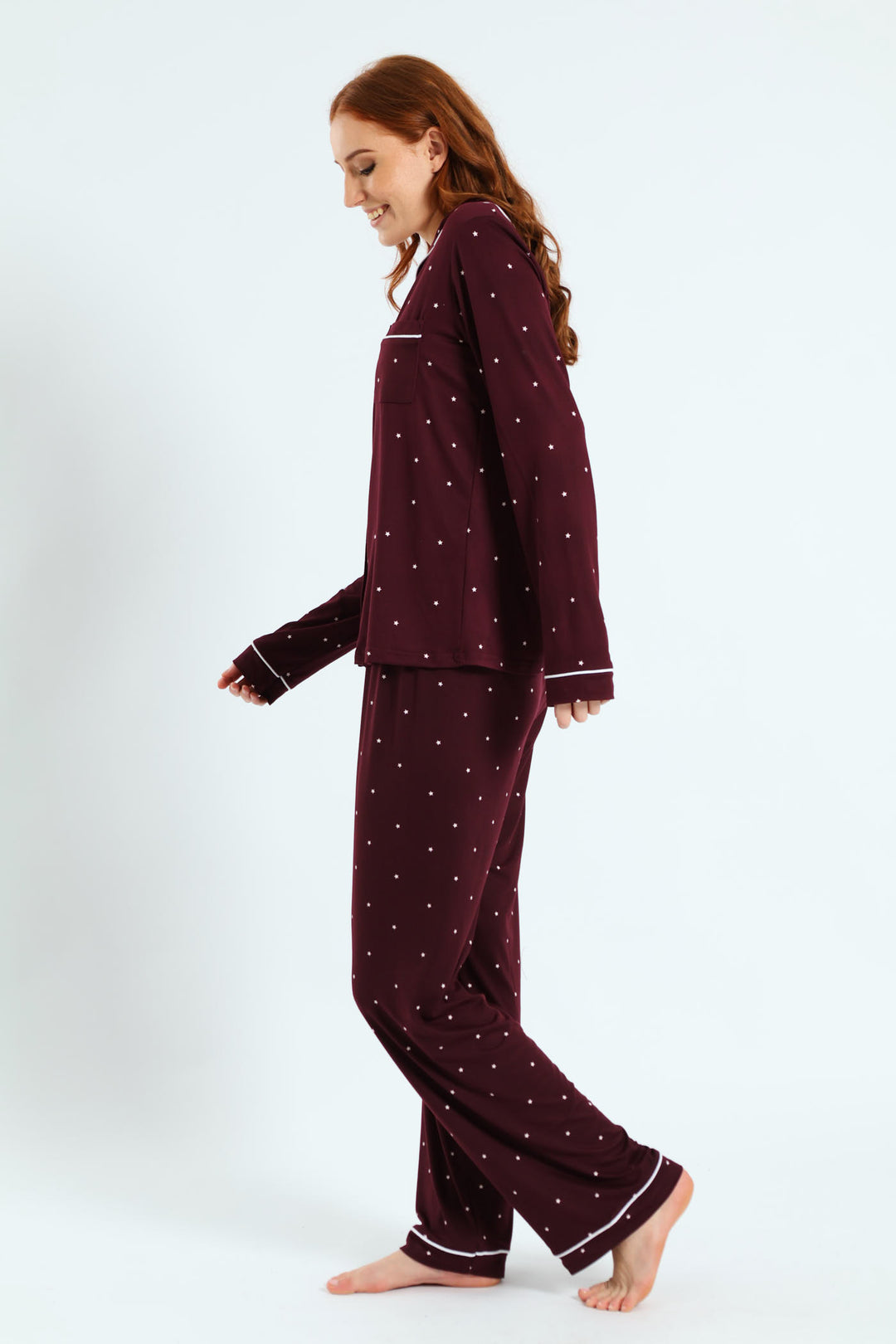 Long Sleeve Button Through & Pant Stars Soft Touch Set - Burgundy