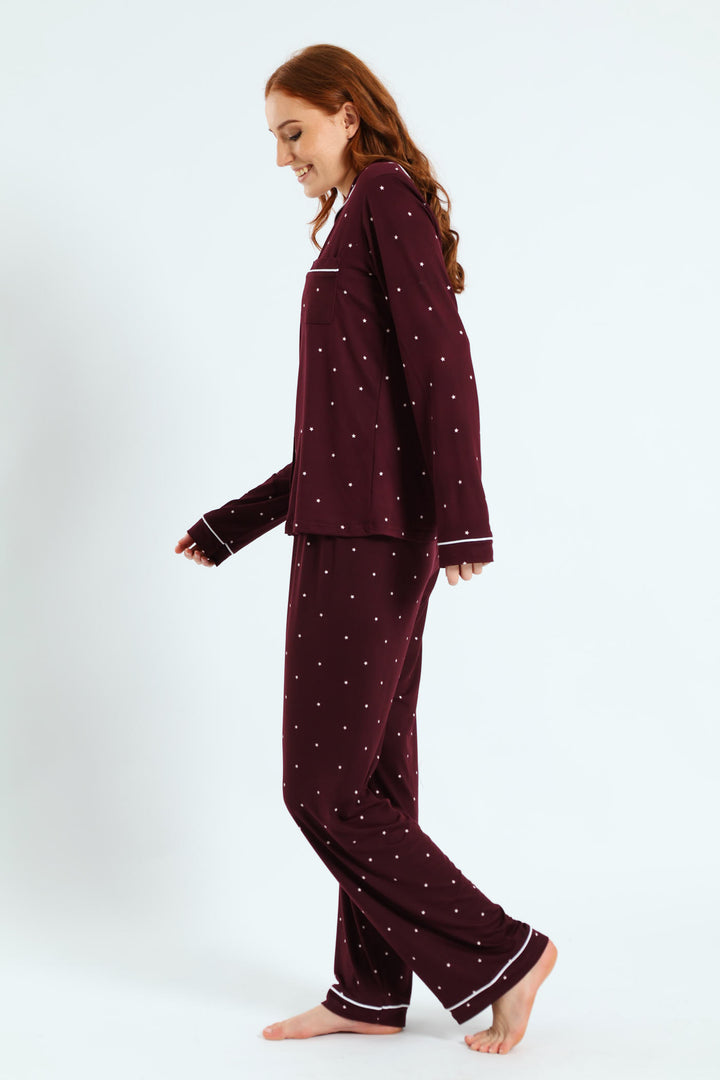 Long Sleeve Button Through & Pant Stars Soft Touch Set - Burgundy