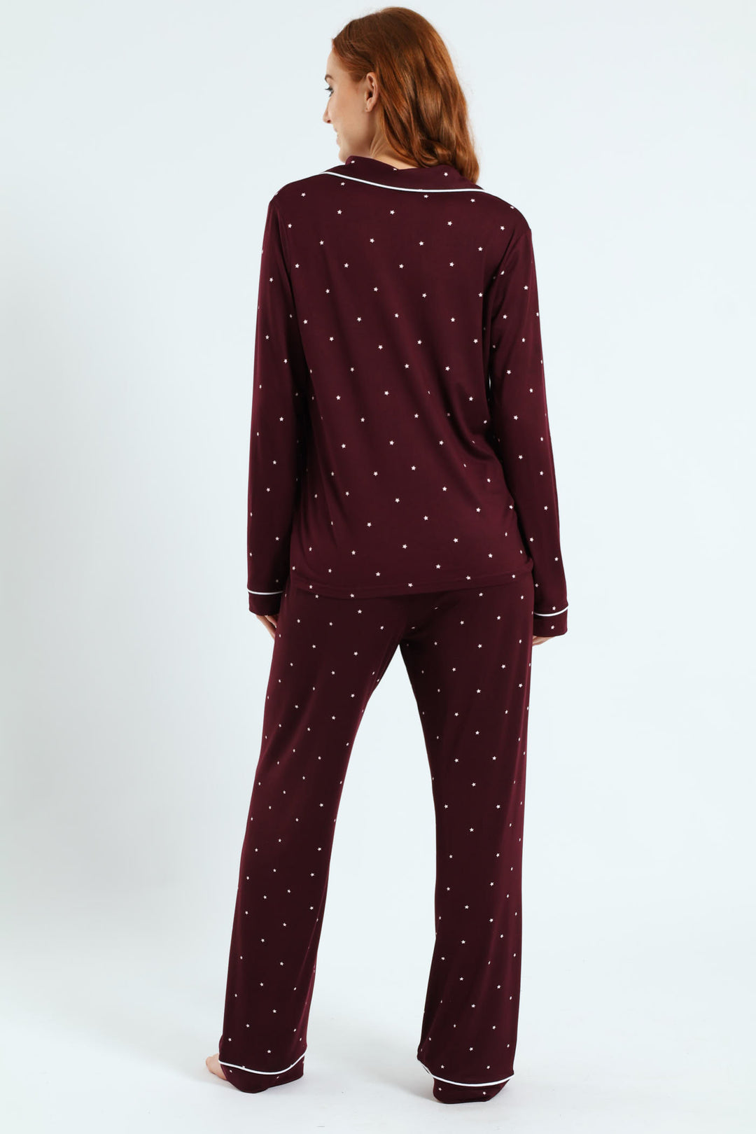Long Sleeve Button Through & Pant Stars Soft Touch Set - Burgundy