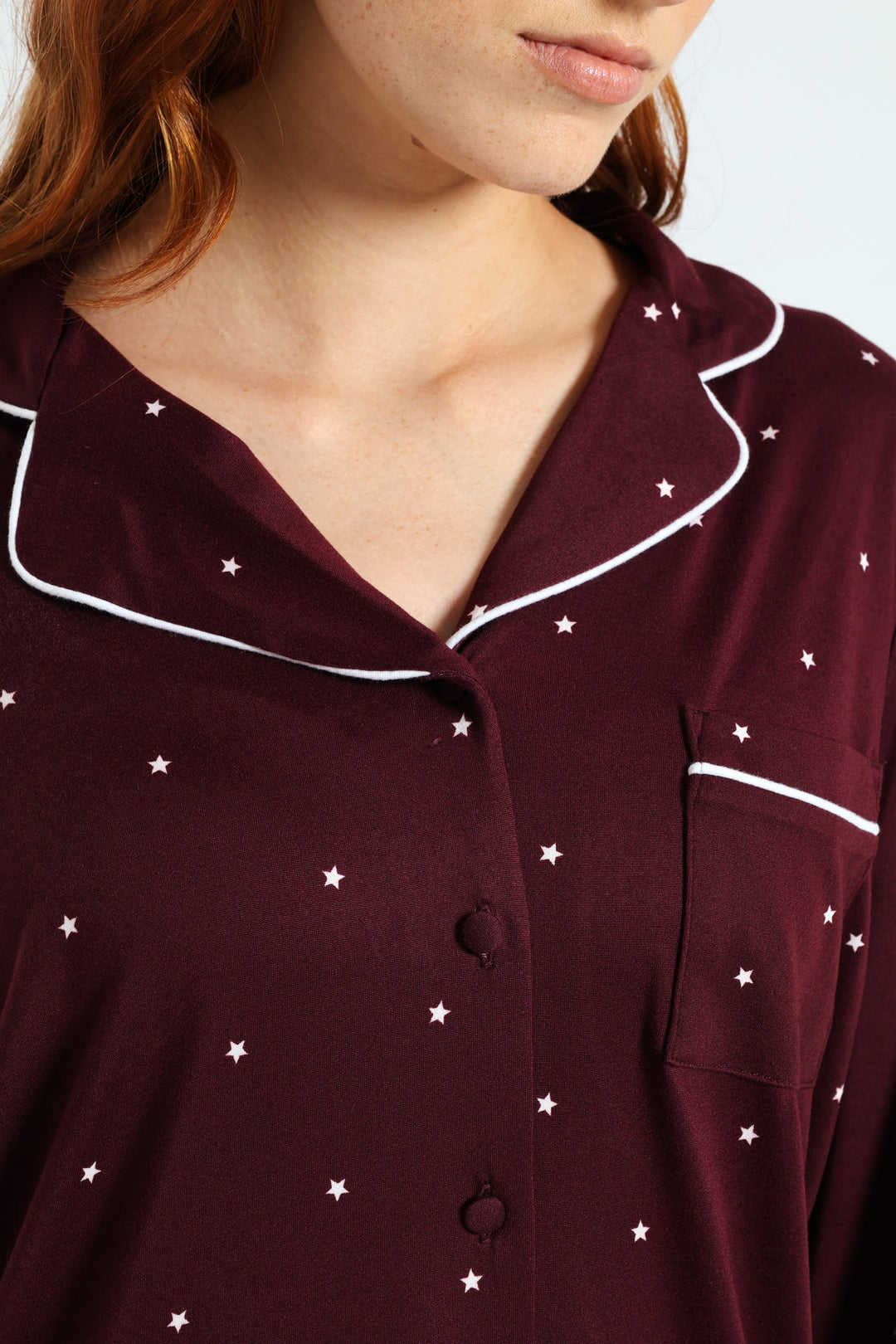Long Sleeve Button Through & Pant Stars Soft Touch Set - Burgundy