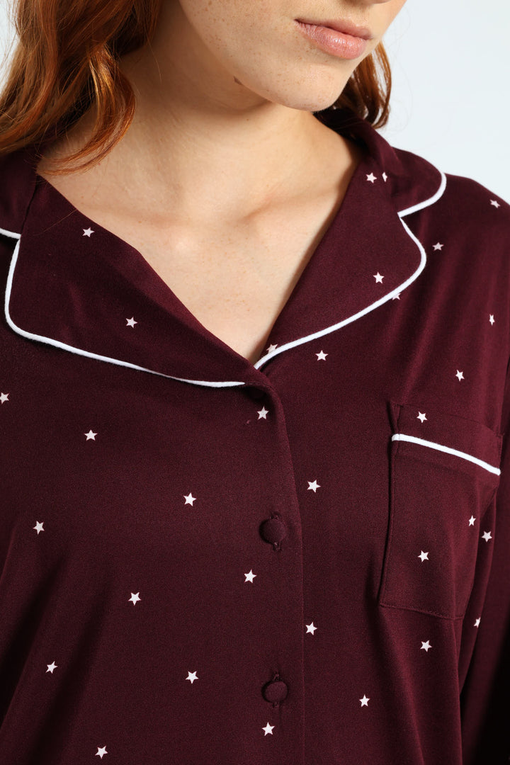 Long Sleeve Button Through & Pant Stars Soft Touch Set - Burgundy