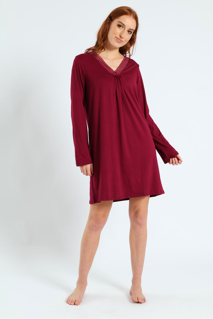 2 Pack Lace Detail Long Sleeve Soft Touch Sleep Shirt - Pink/Burgundy