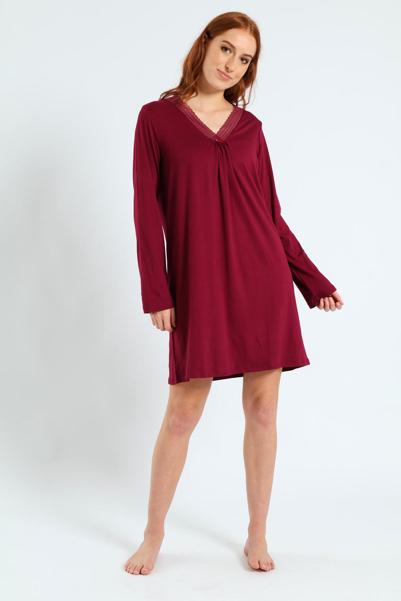 2 Pack Lace Detail Long Sleeve Soft Touch Sleep Shirt - Pink/Burgundy