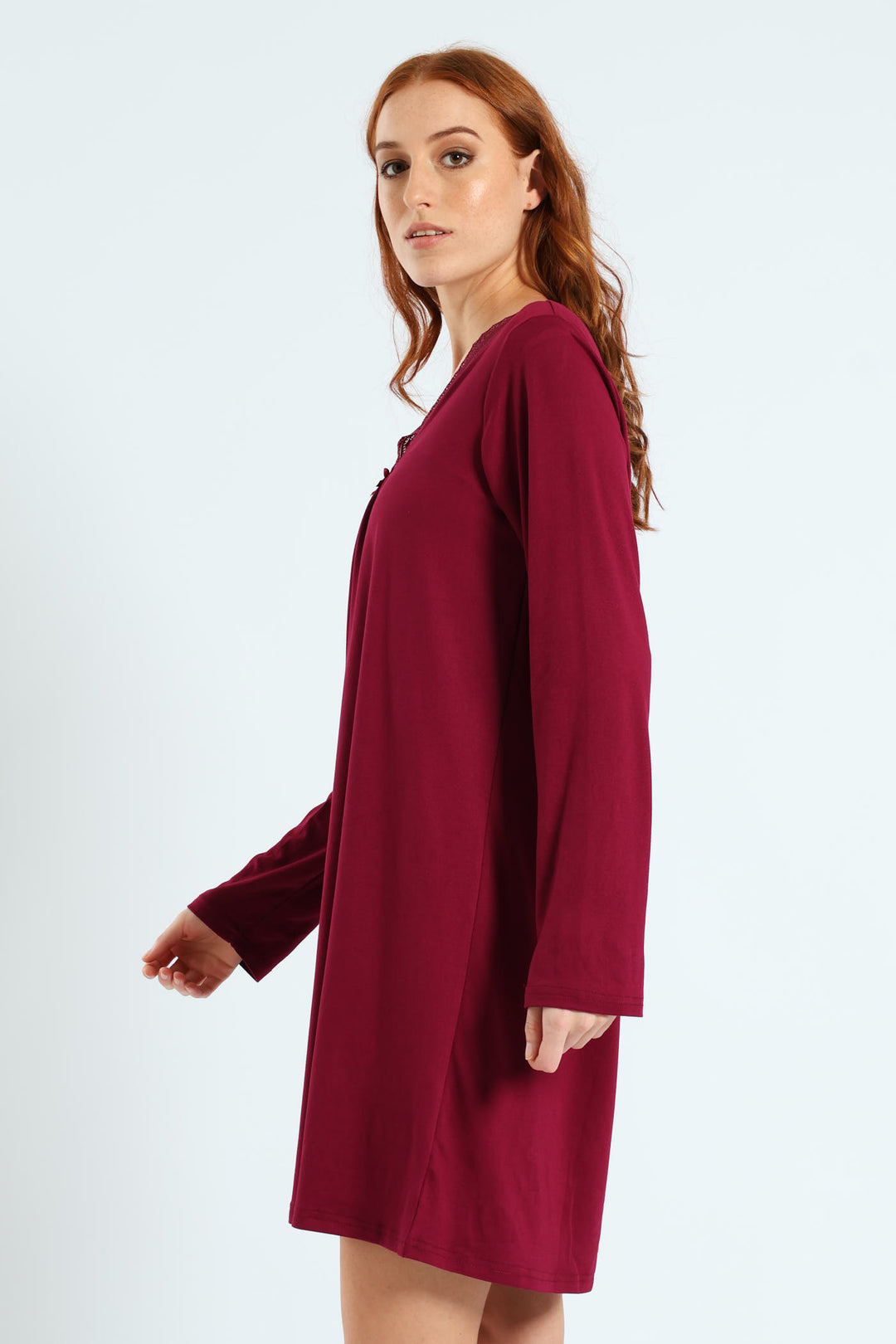 2 Pack Lace Detail Long Sleeve Soft Touch Sleep Shirt - Pink/Burgundy