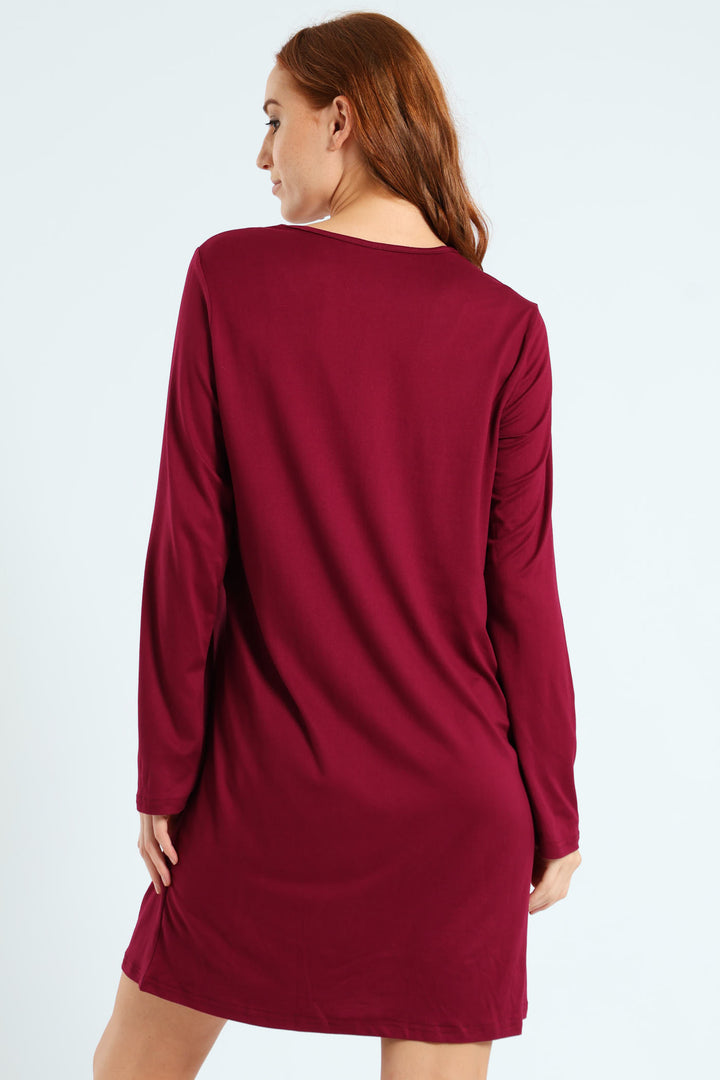 2 Pack Lace Detail Long Sleeve Soft Touch Sleep Shirt - Pink/Burgundy