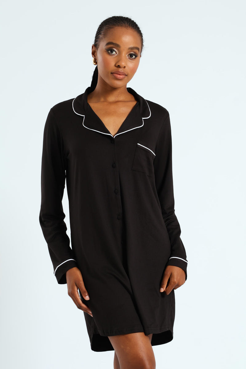 Long Sleeve Button Through Soft Touch Sleep Shirt - Black
