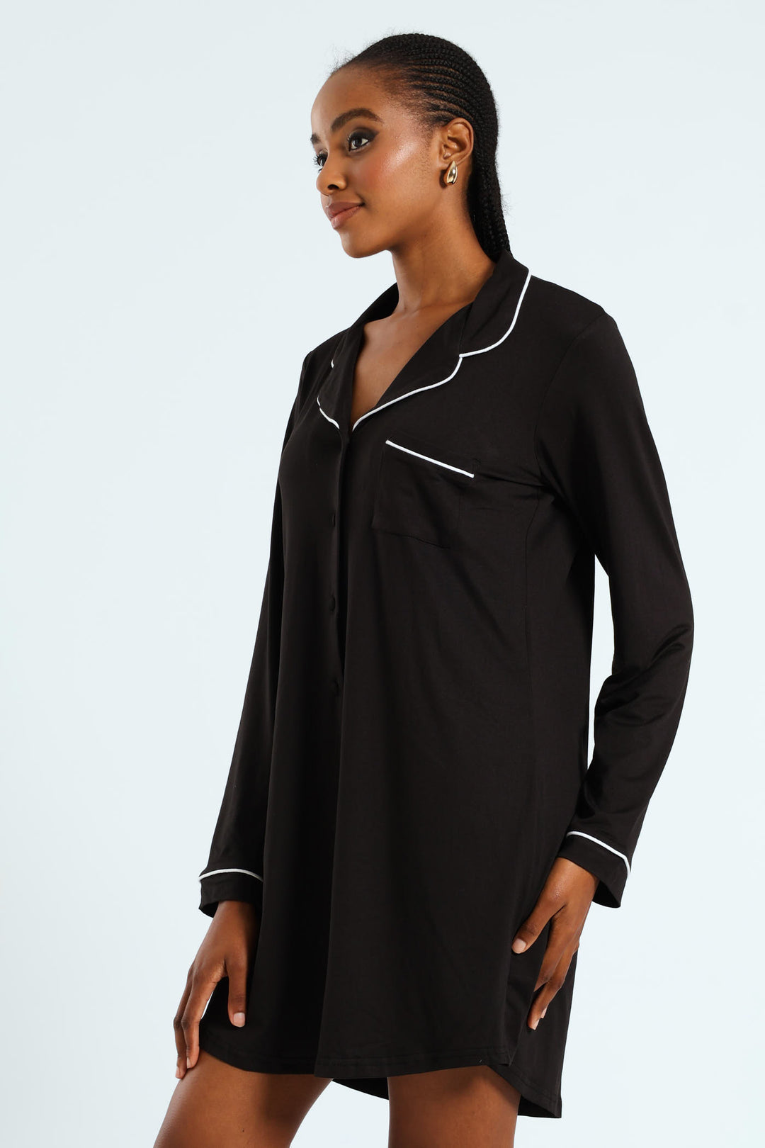 Long Sleeve Button Through Soft Touch Sleep Shirt - Black
