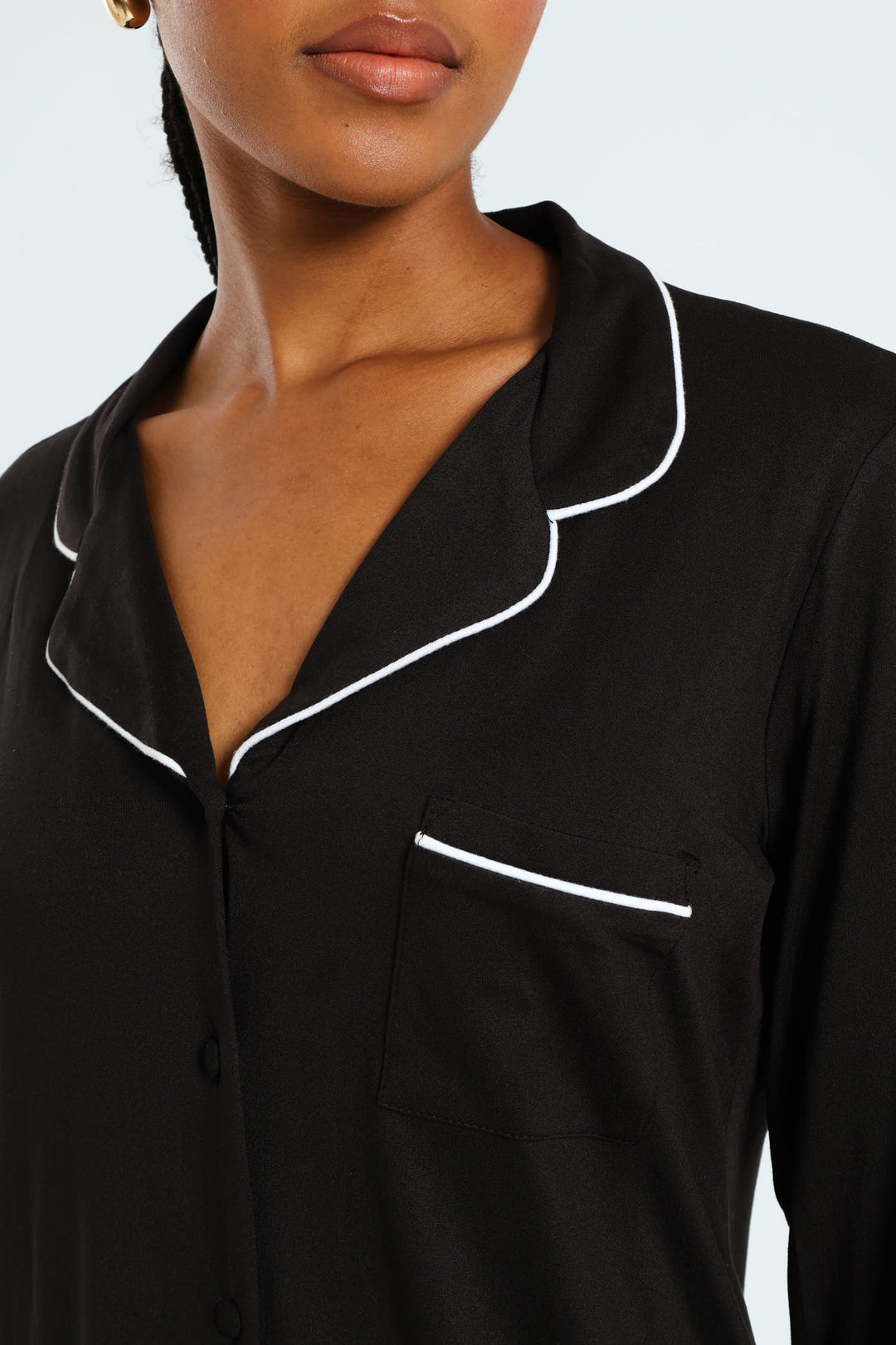 Long Sleeve Button Through Soft Touch Sleep Shirt - Black