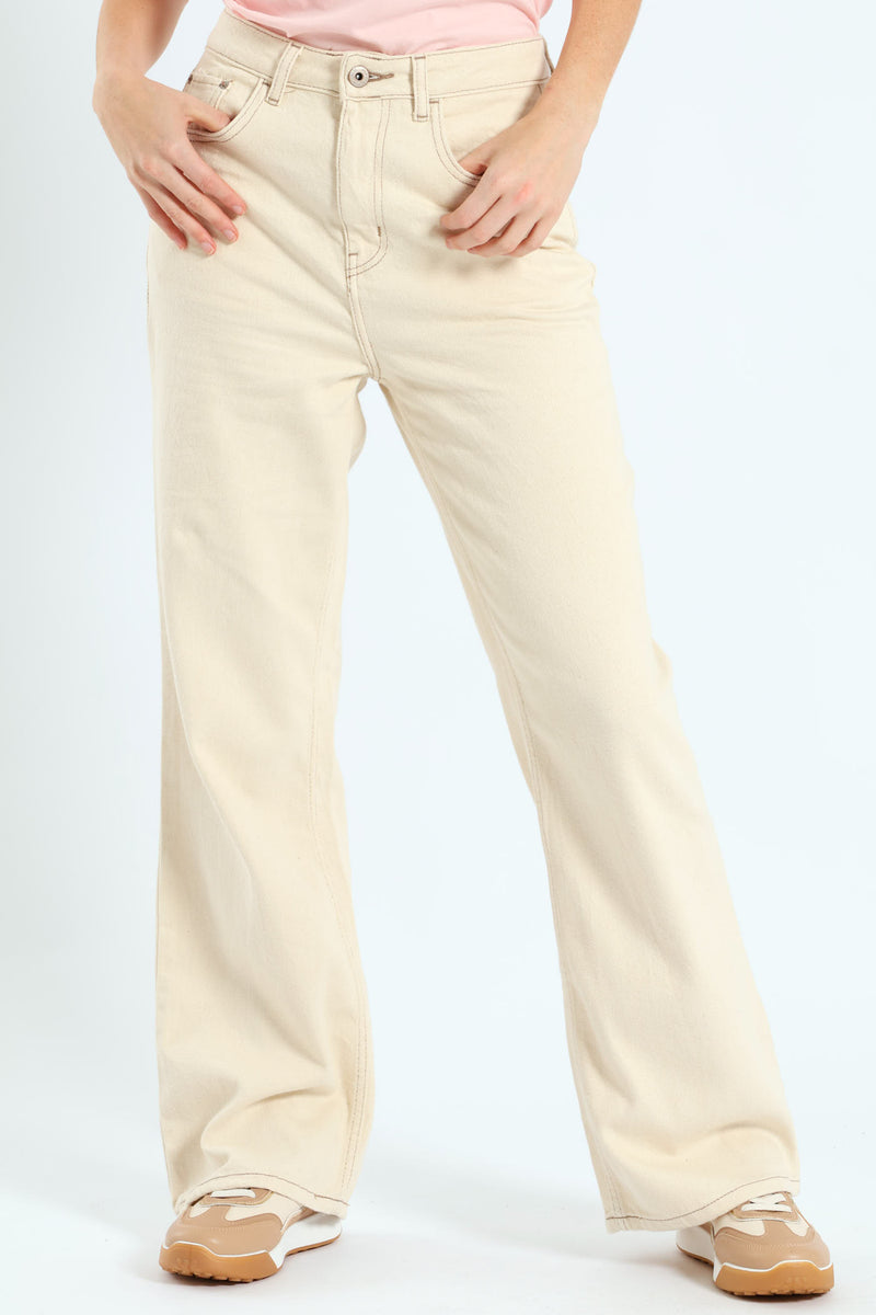 Contrast Thread Hi-Rise Wide Leg Jean - Ecru