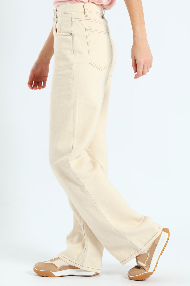 Contrast Thread Hi-Rise Wide Leg Jean - Ecru