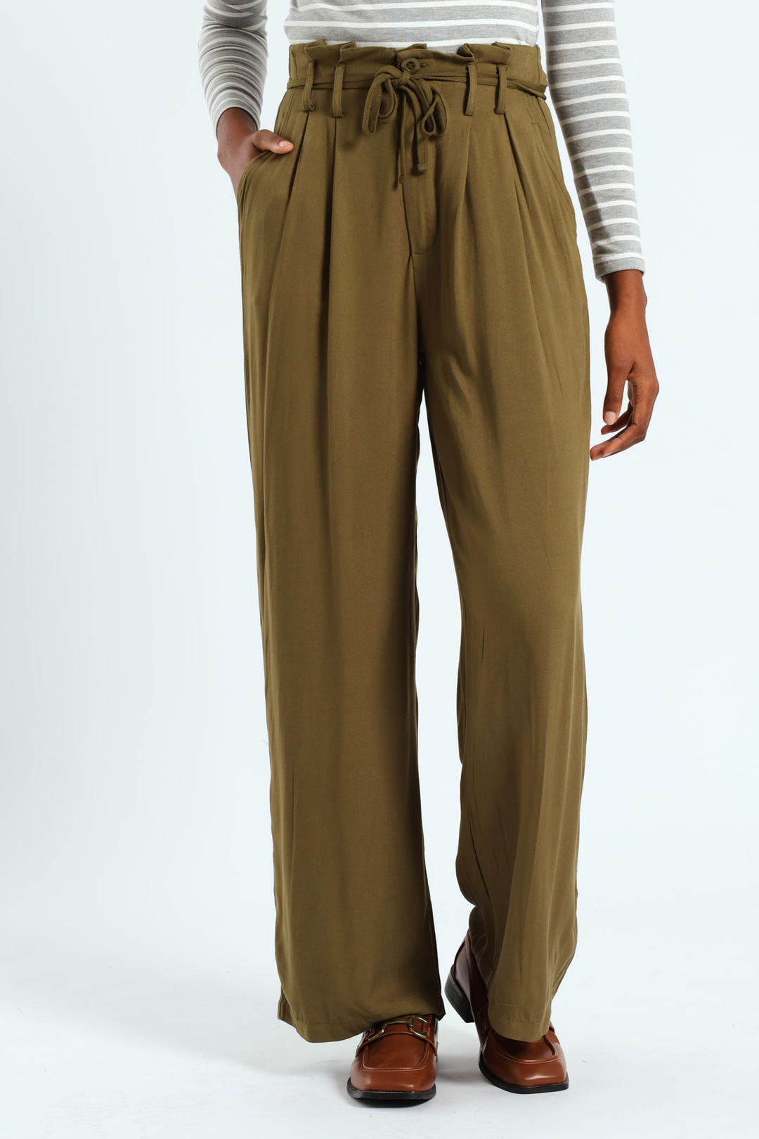 Paperbag Self Belt Wideleg Pant - Fatigue