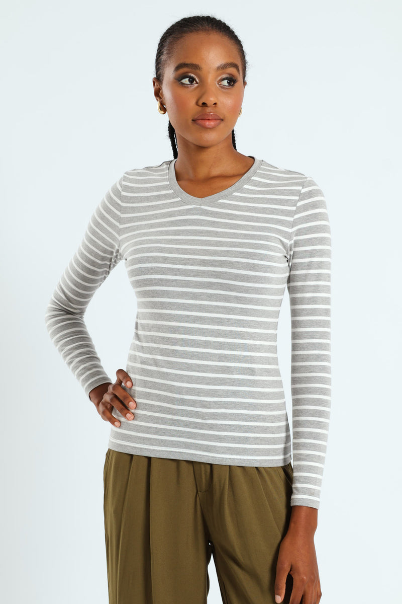 Long Sleeve Cotton Lycra Striped Tee - Grey/White