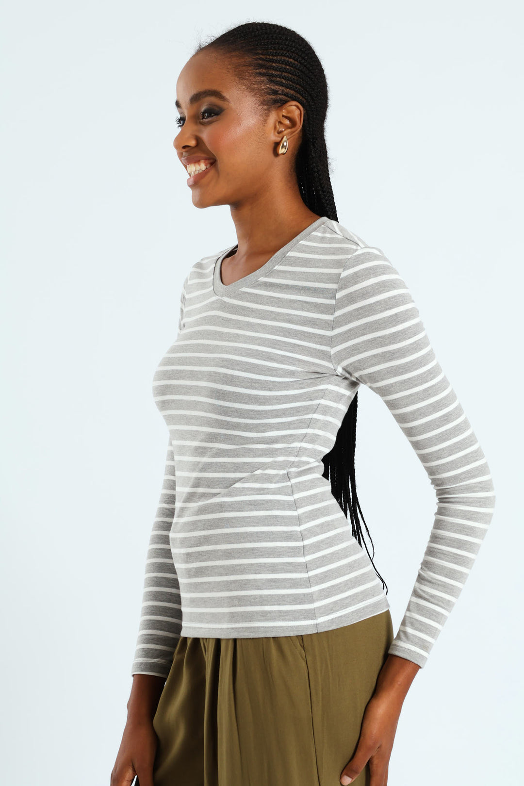 Long Sleeve Cotton Lycra Striped Tee - Grey/White