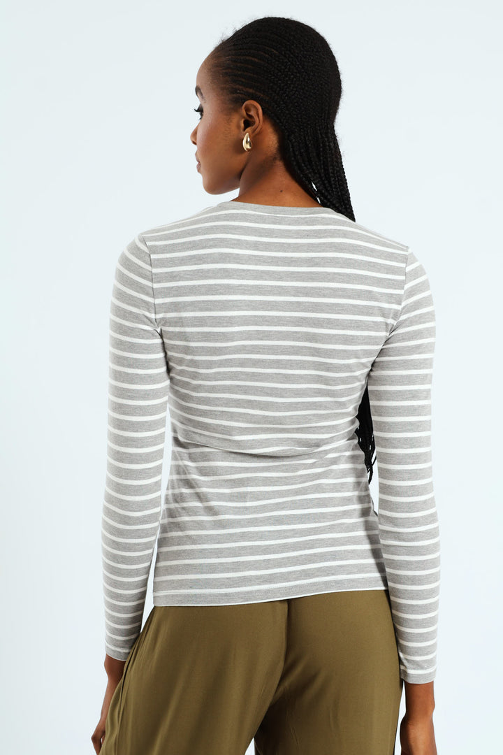 Long Sleeve Cotton Lycra Striped Tee - Grey/White