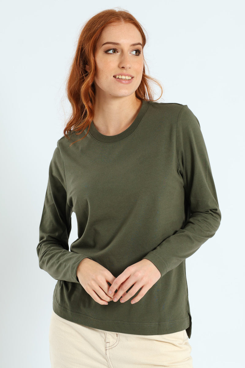 Long Sleeve Boxy Step Hem Crewneck Top - Military Green