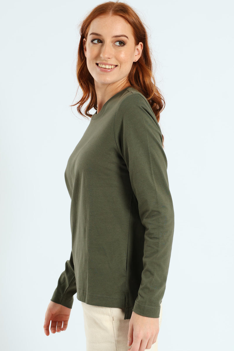 Long Sleeve Boxy Step Hem Crewneck Top - Military Green