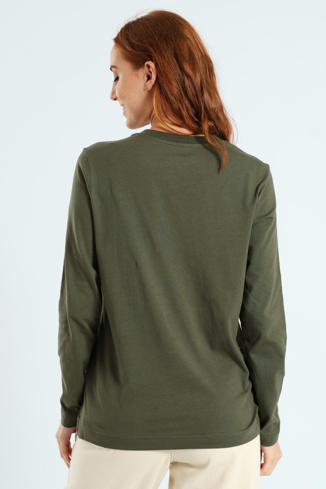 Long Sleeve Boxy Step Hem Crewneck Top - Military Green
