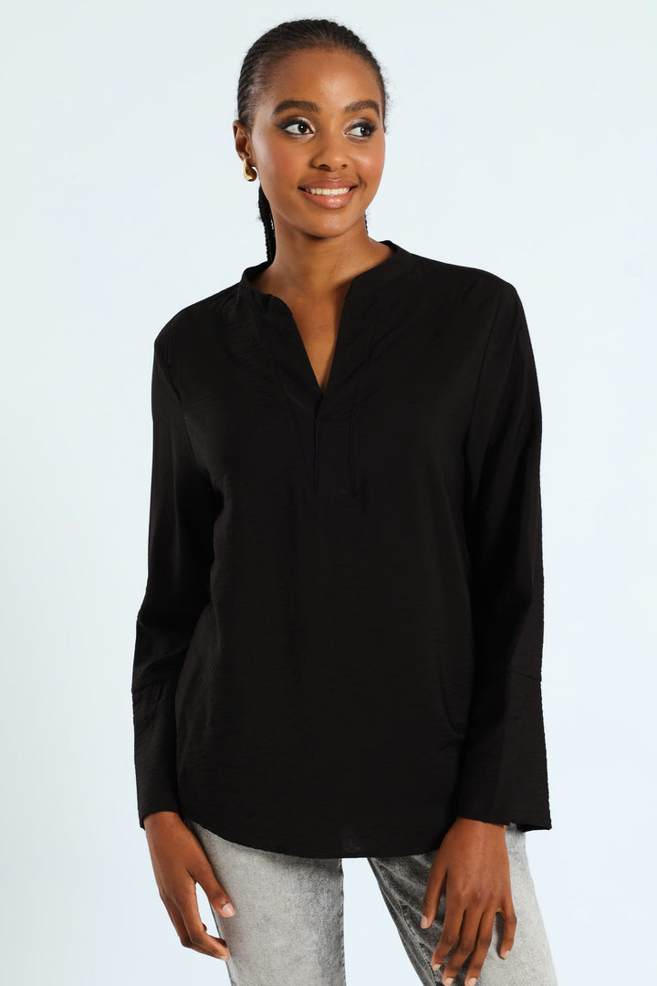 Half Placket Popover Blouse - Black