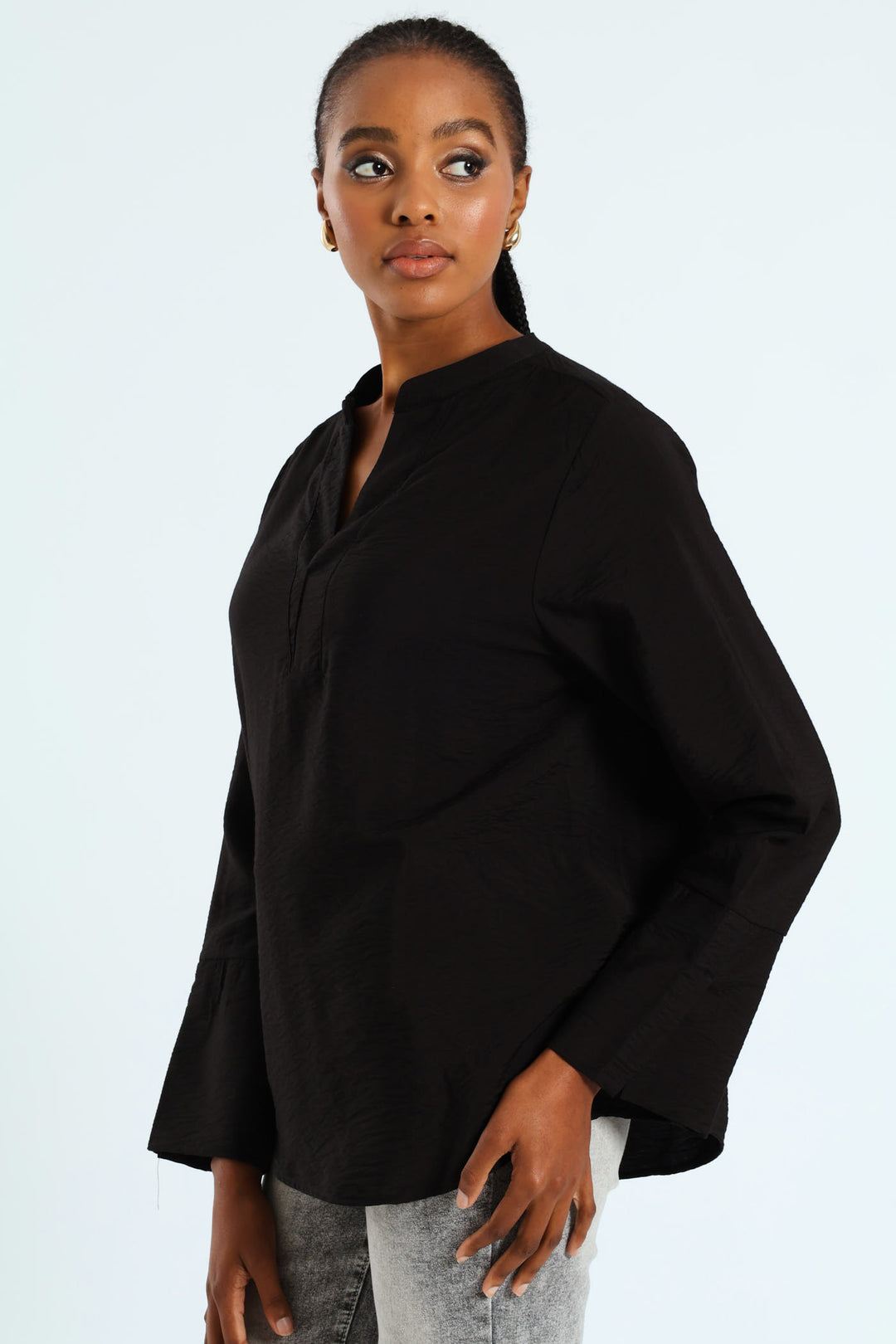 Half Placket Popover Blouse - Black