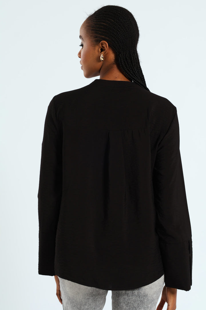 Half Placket Popover Blouse - Black