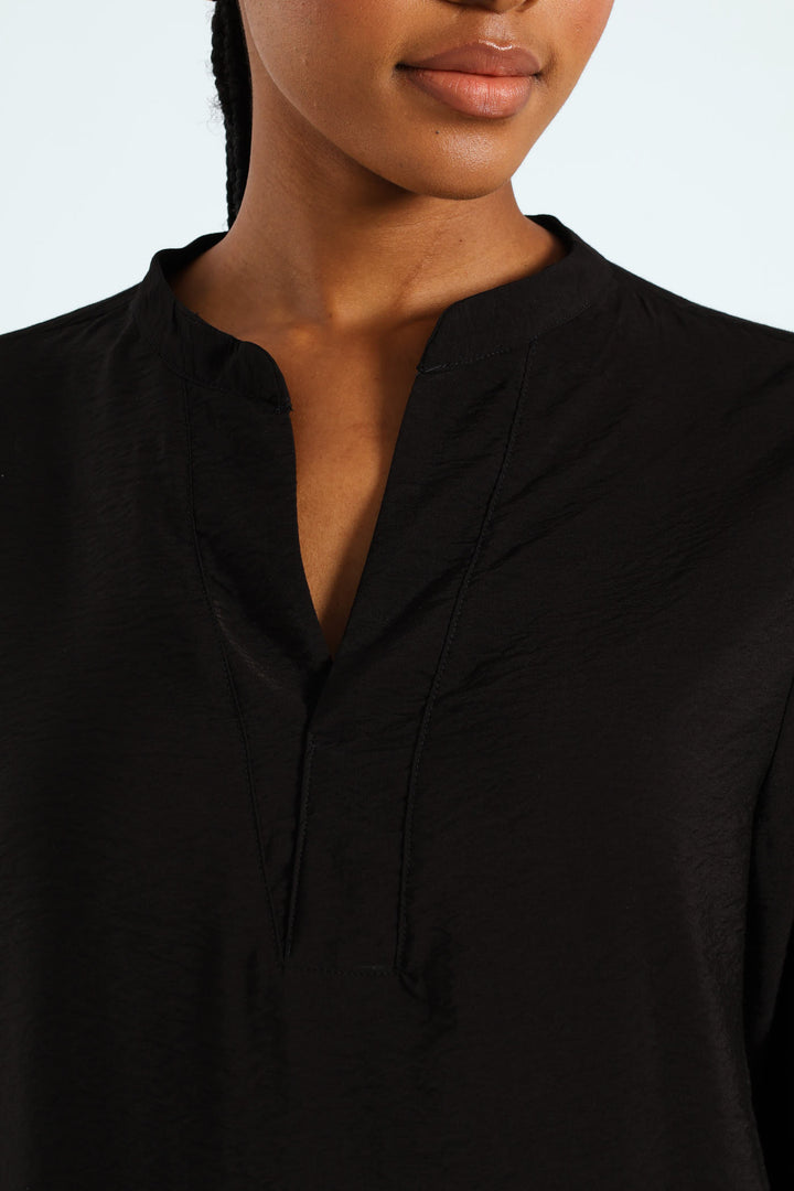 Half Placket Popover Blouse - Black