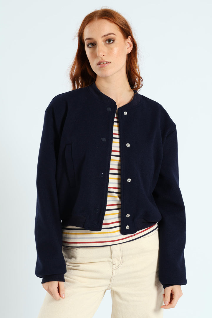 Preppy Melton Bomber Jacket - Navy