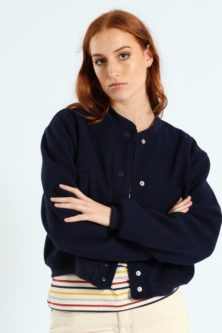 Preppy Melton Bomber Jacket - Navy