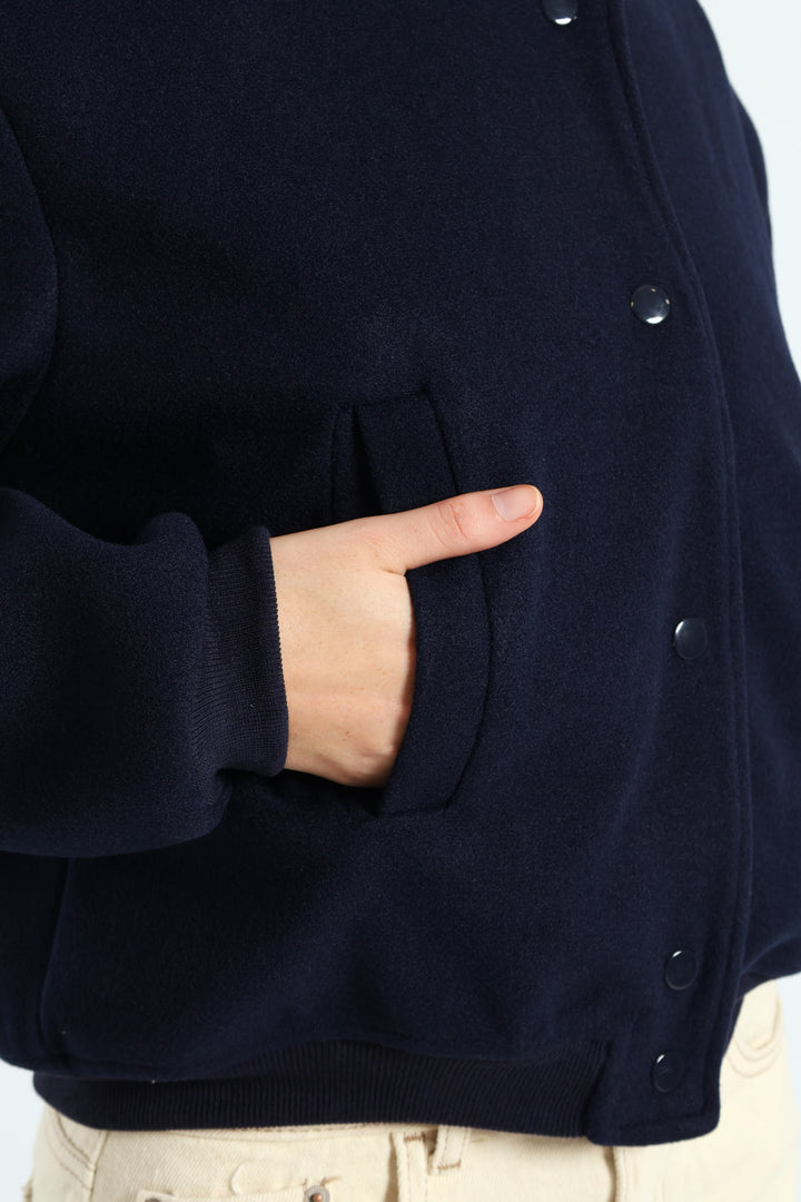 Preppy Melton Bomber Jacket - Navy