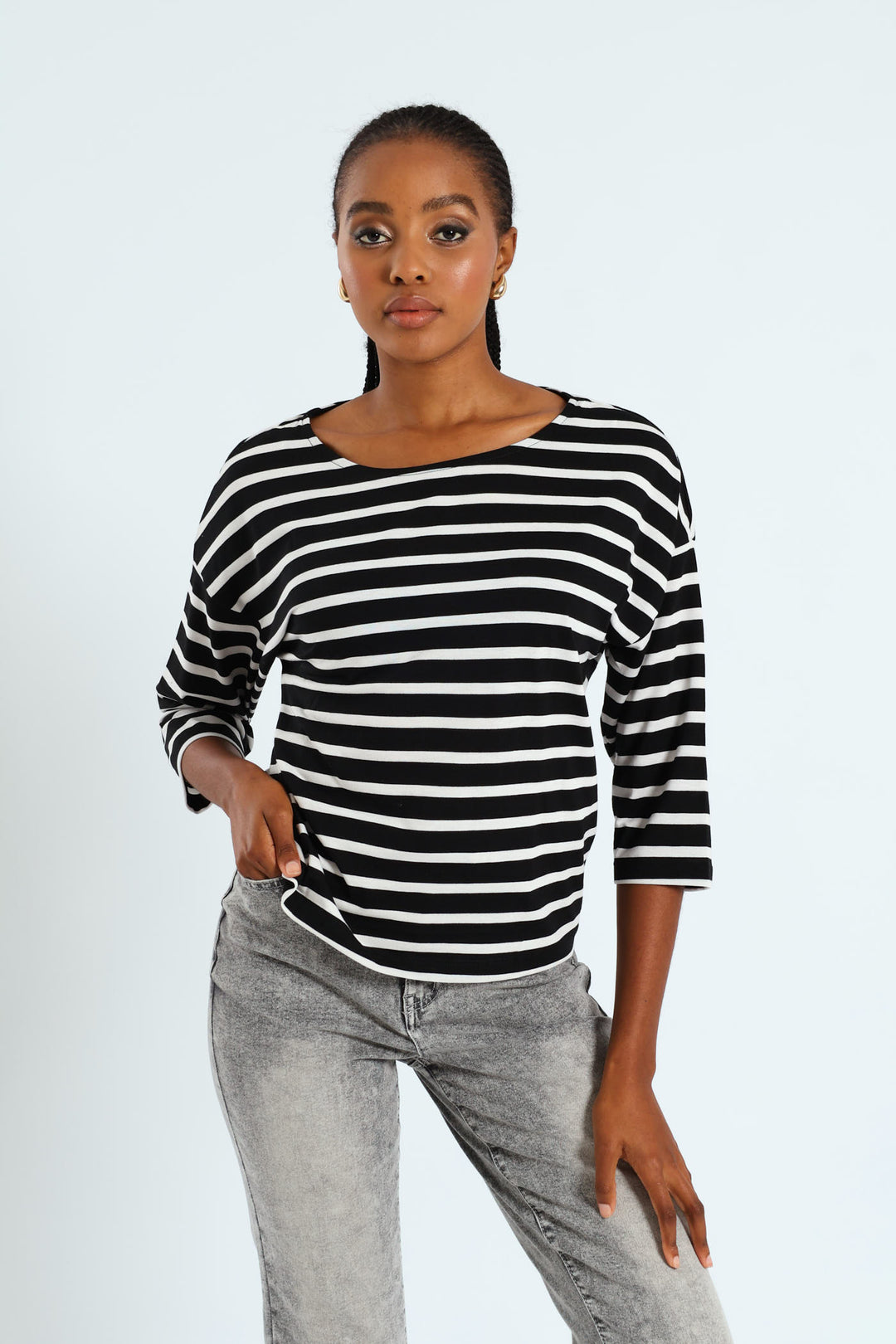 3/4 Sleeve Striped Slouchy Boatneck Top - Black/White