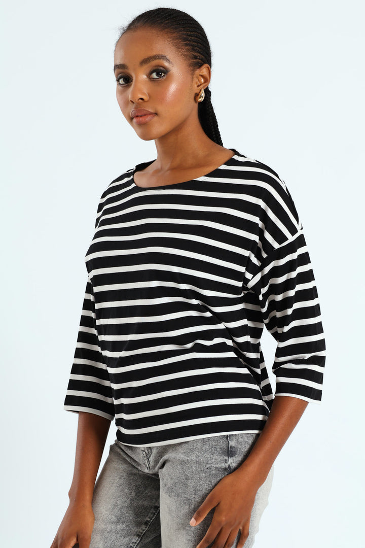 3/4 Sleeve Striped Slouchy Boatneck Top - Black/White
