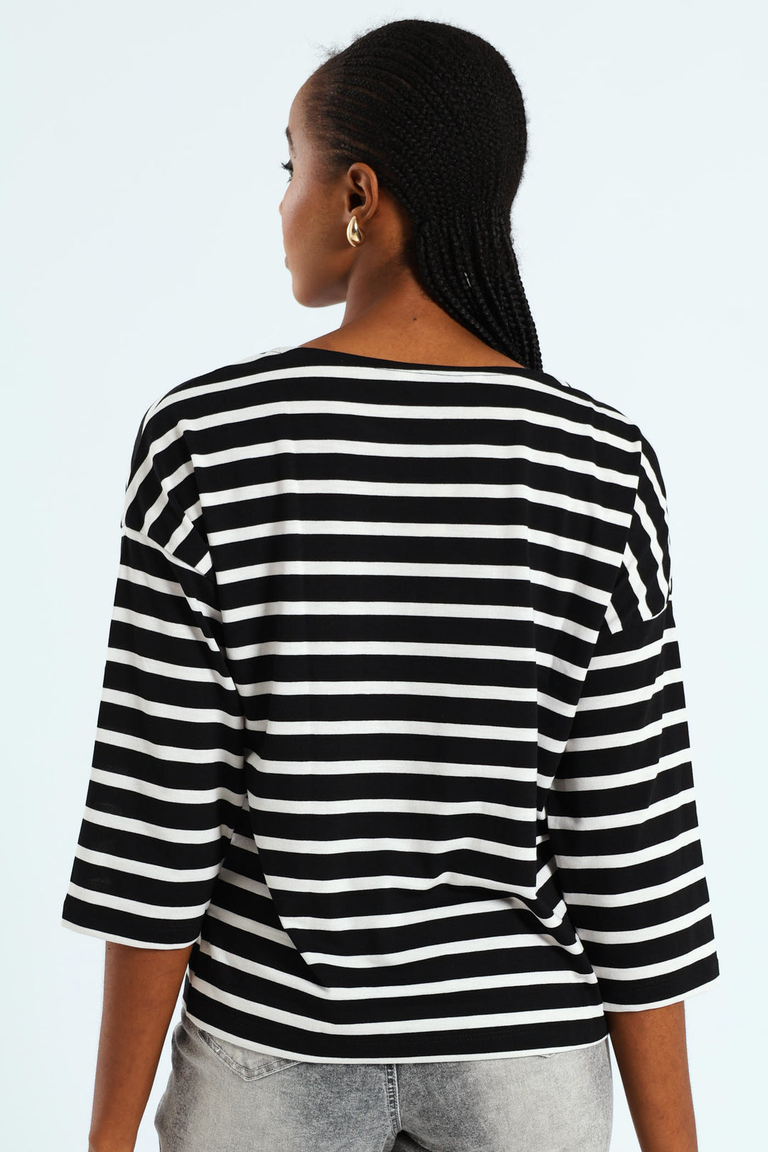 3/4 Sleeve Striped Slouchy Boatneck Top - Black/White