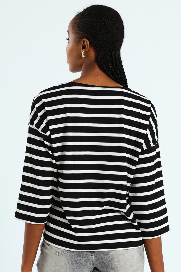 3/4 Sleeve Striped Slouchy Boatneck Top - Black/White