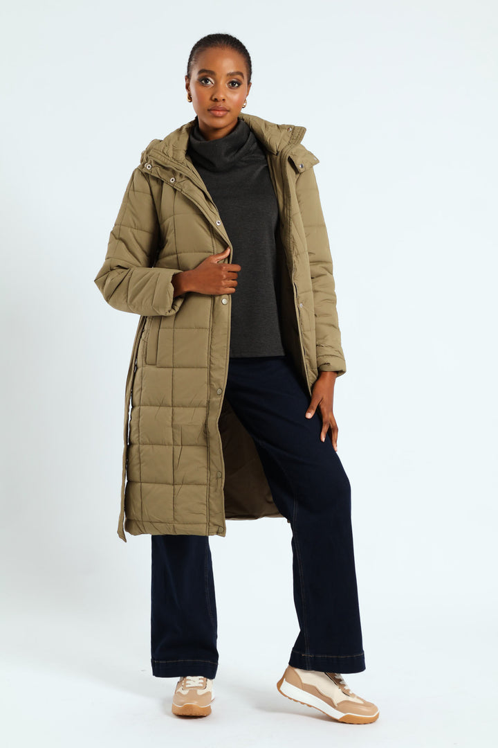 Long Length Belted Padded Puffer Jacket - Green